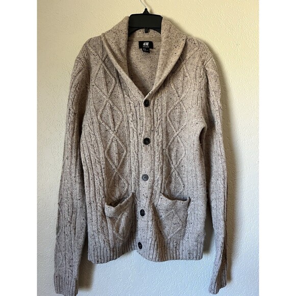 H&M Knitted Chunky Grandpa Cable Knit Sweater Cardigan Beige Size M Wool Blend - Picture 1 of 8